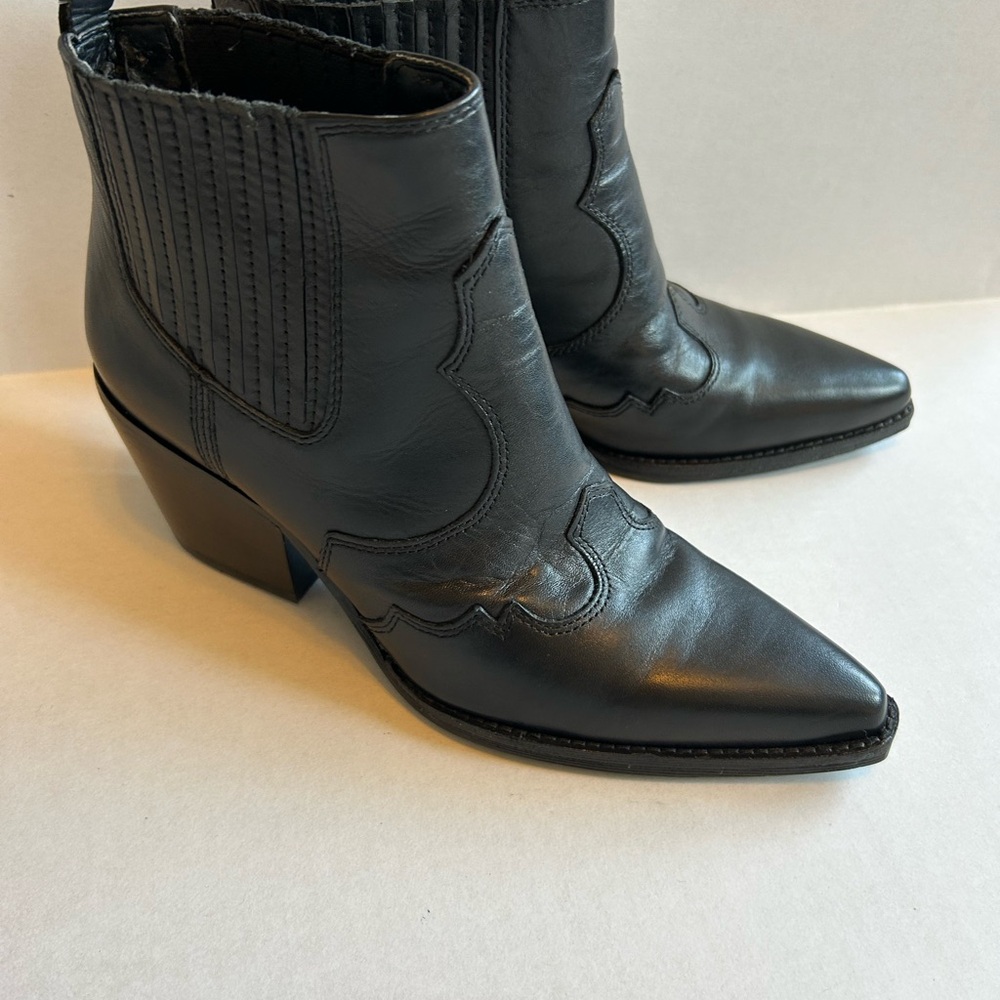 Sam Edelman Winona Western Ankle Pointed Toe Black Leather Booties Size 5 - Picture 2 of 9